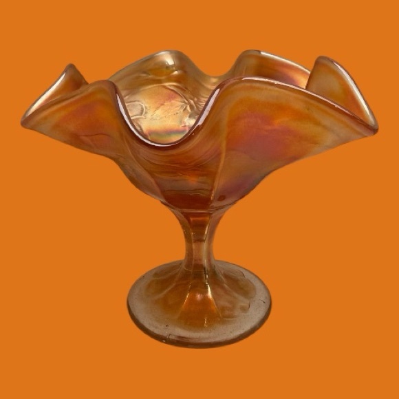 Other - Vintage Carnival Glass Marigold Ruffled Edges Footed Bowl Iridescent Floral